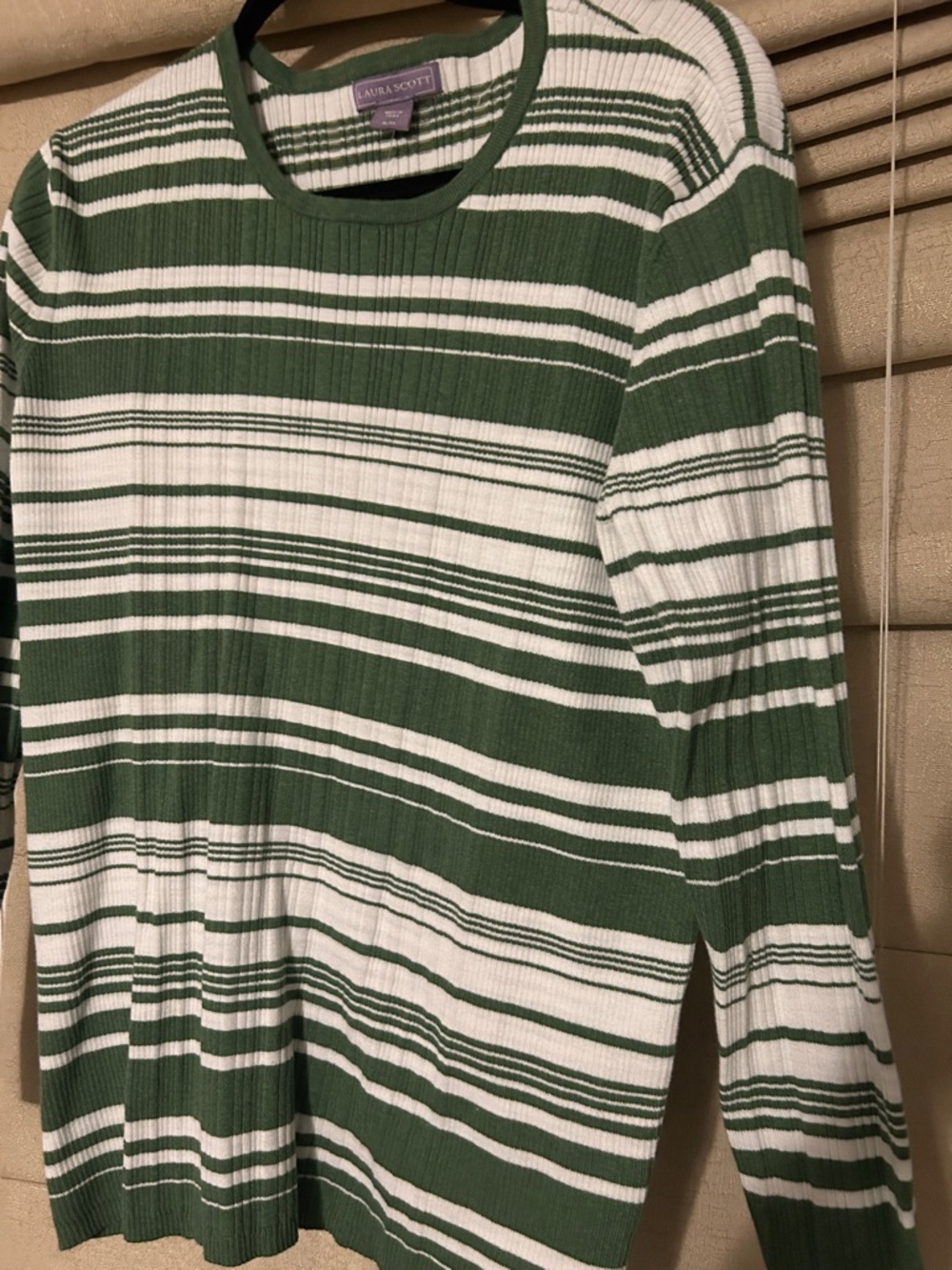 Laura Scott Green & White Striped Ribbed Crewneck Sweater